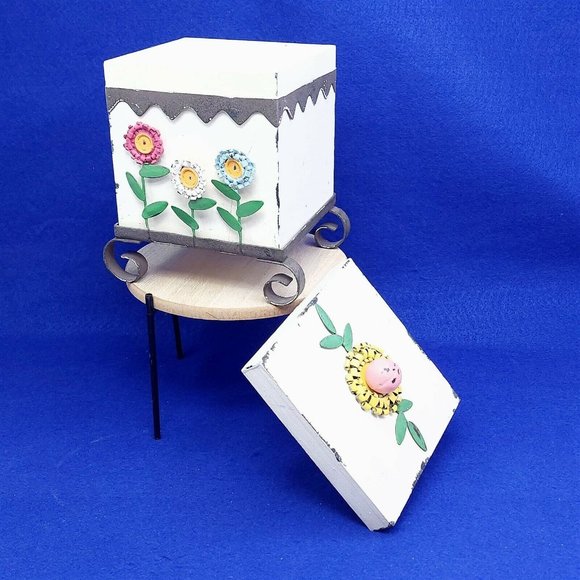 Storage Box Wood Metal Footed Stand Painted Metal Flower Design Whimsical Decor - Picture 4 of 11
